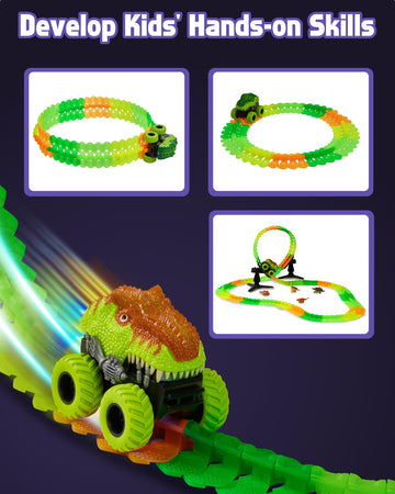 Magic Car Track Set, 154PCS Glow Race Track, Flexible Race Car Tracks, Dinosaur Train Set Glow in The Dark, Race Tracks for Kids