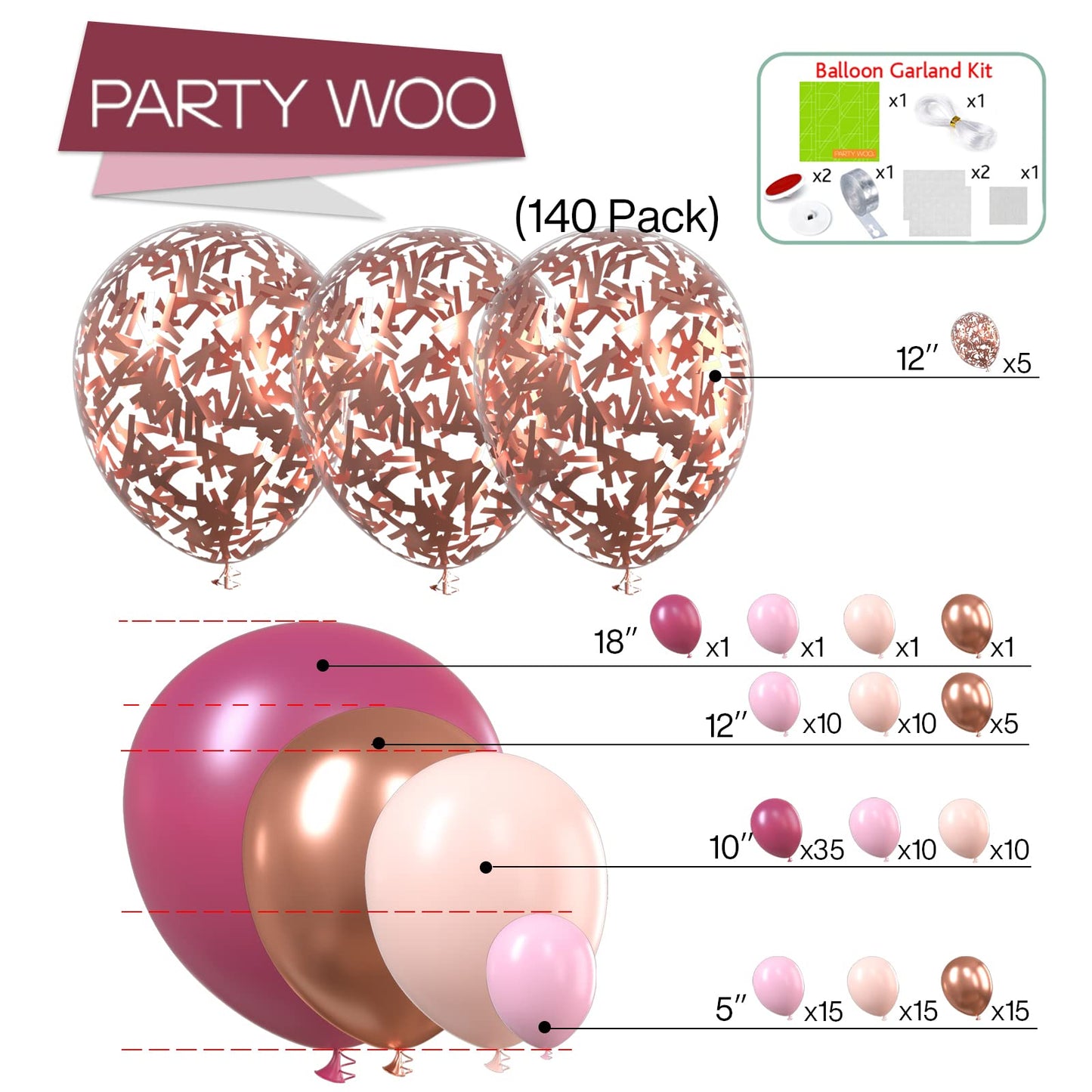 PartyWoo Balloon Arch Kit - 140 pcs Pink Garland, 18" Rubber Balloons, Dusty Rose, Rose Gold, Ideal for Birthday, Bridal Shower, Wedding