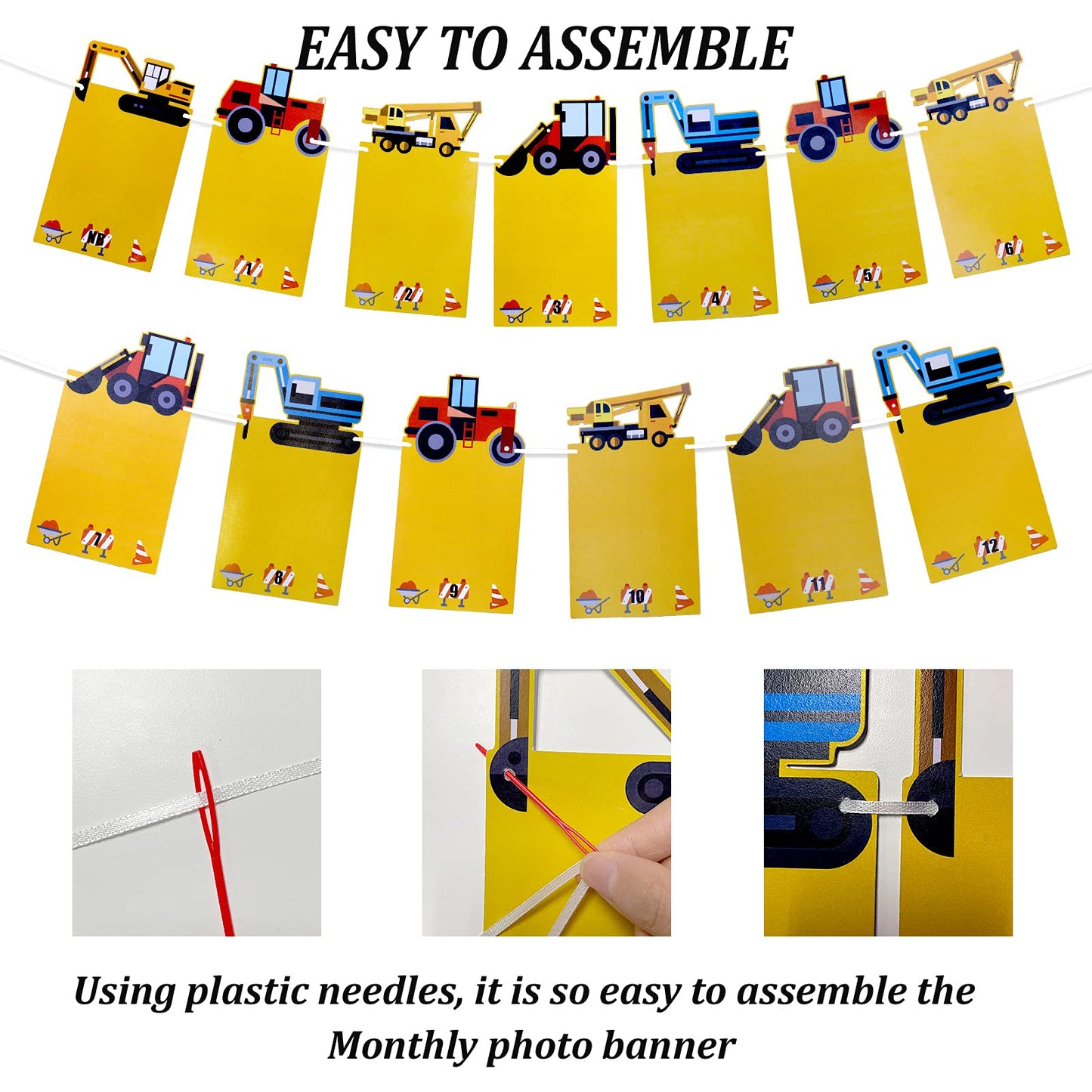 1st Birthday Boy Photo Banner for Baby from Newborn to 12 Months, First Birthday Decorations Boy Monthly Construction Vehicles T