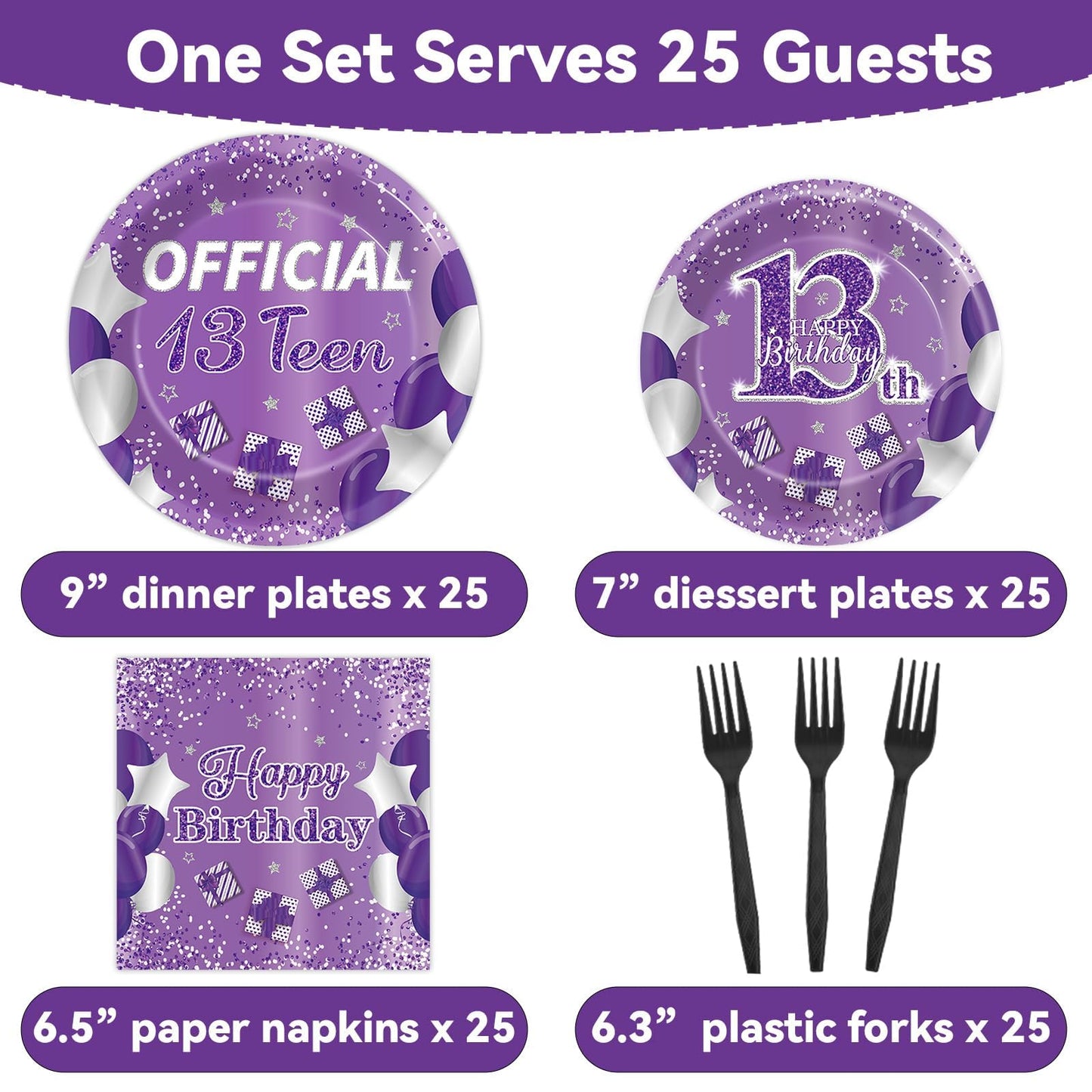 Qyeahkj 100 Pcs Purple Official Teen Birthday Decor 13Th Birthday Plates Napkins Forks Set Disposable Official 13Th Tableware Te