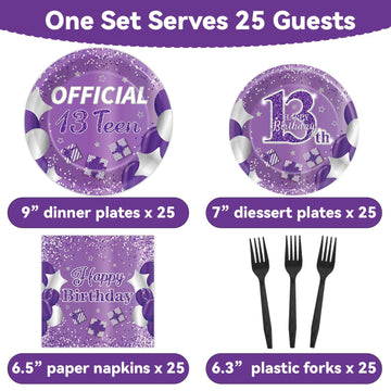 Qyeahkj 100 Pcs Purple Official Teen Birthday Decor 13Th Birthday Plates Napkins Forks Set Disposable Official 13Th Tableware Te