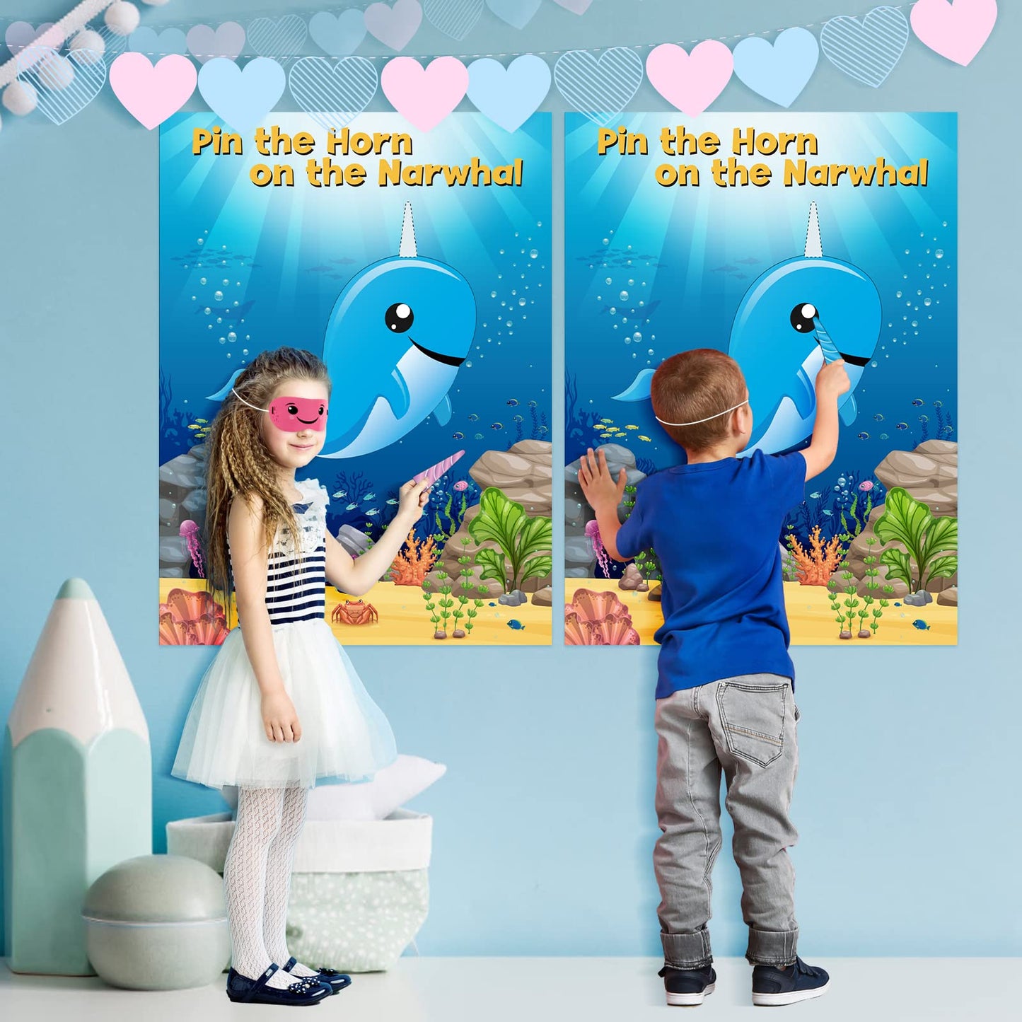 NEBURORA Pin The Horn on The Narwhal Party Game, Large 21"x28" Posters with Stickers, Ocean-themed Birthday Supplies for Kids