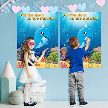 NEBURORA Pin The Horn on The Narwhal Party Game, Large 21"x28" Posters with Stickers, Ocean-themed Birthday Supplies for Kids