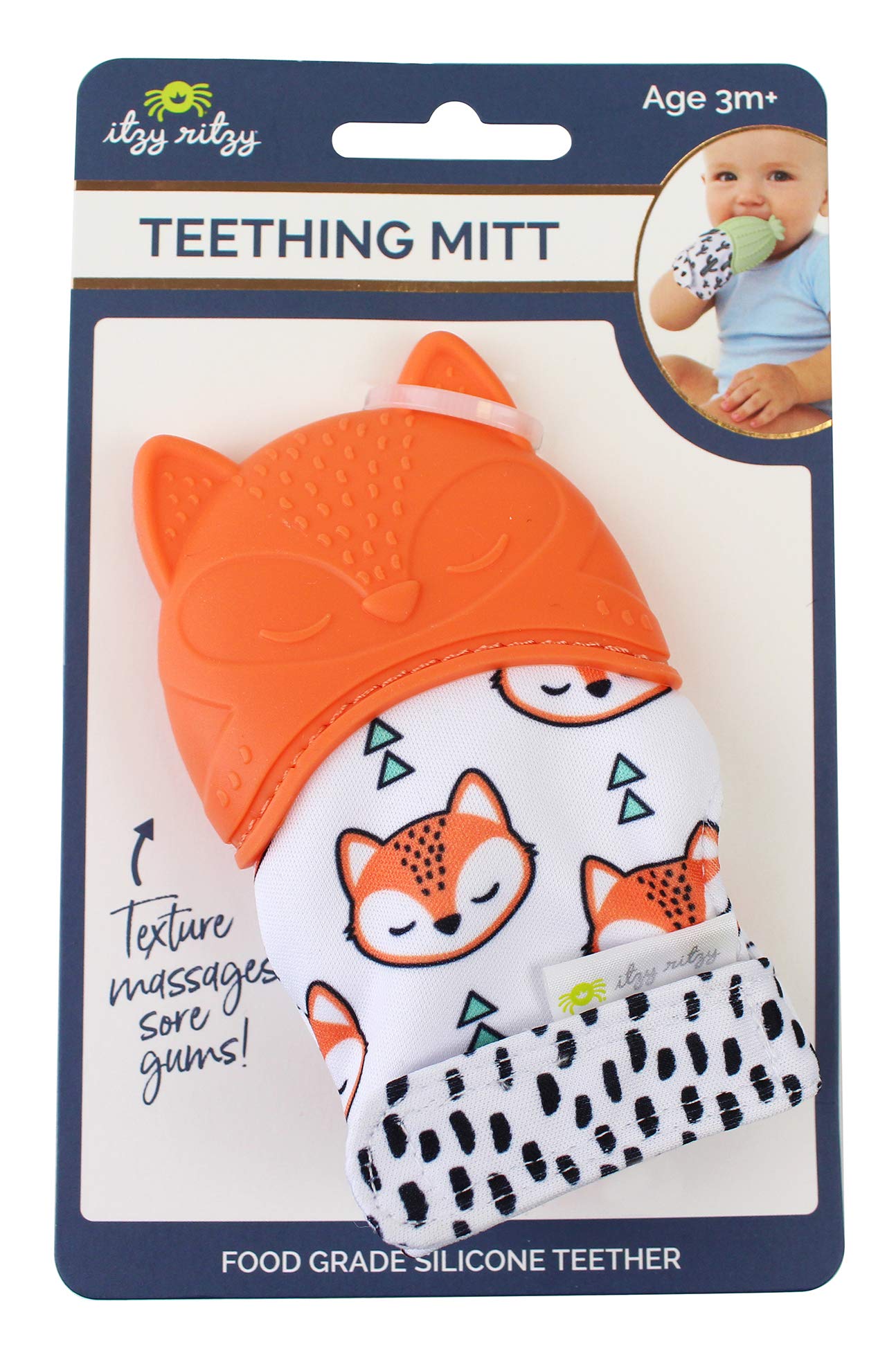 Itzy Ritzy Silicone Teething Mitt - Soothing Infant Teething Mitten With Adjustable Strap, Crinkle Sound & Textured Silicone To Soothe Sore & Swollen Gums - Baby Teething Toy For 3 Mos & Up, Fox