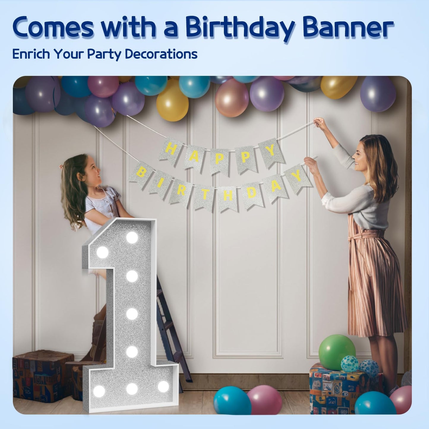 Imprsv Marquee Numbers Silver 1St-Birthday Decorations: Large 3Ft Light Up Number Grey First Birthday Decoration For Boy Girl On