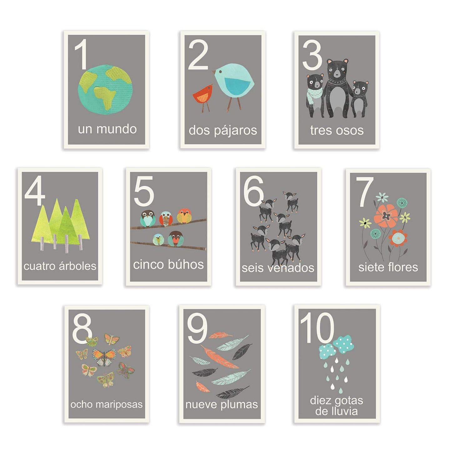 Our World Counting Cards In Spanish, Number Flash Cards, Set Of Ten 08X10 Inch Print Wall Art Prints, Nursery Wall Decor, KidS 