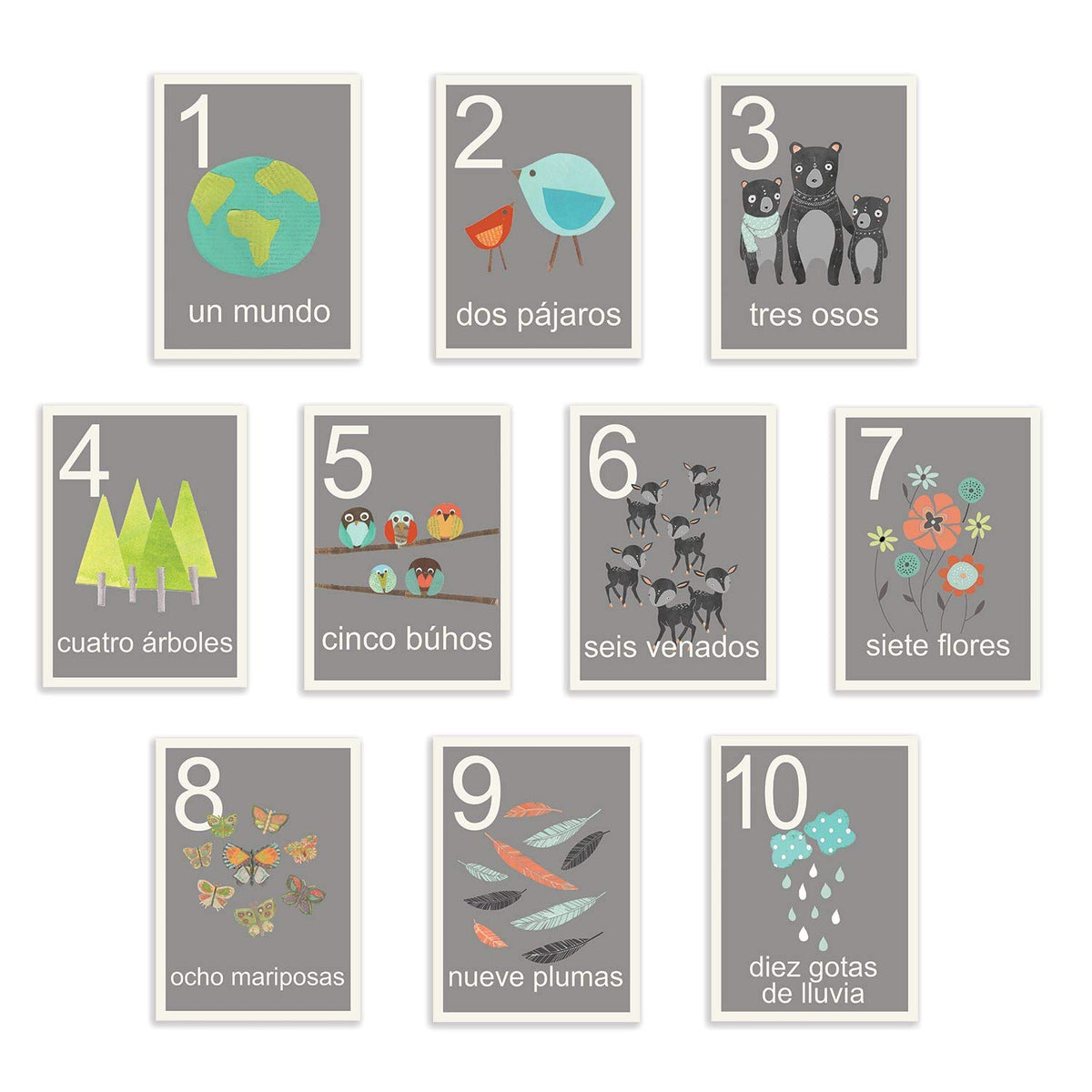 Our World Counting Cards In Spanish, Number Flash Cards, Set Of Ten 08X10 Inch Print Wall Art Prints, Nursery Wall Decor, KidS 