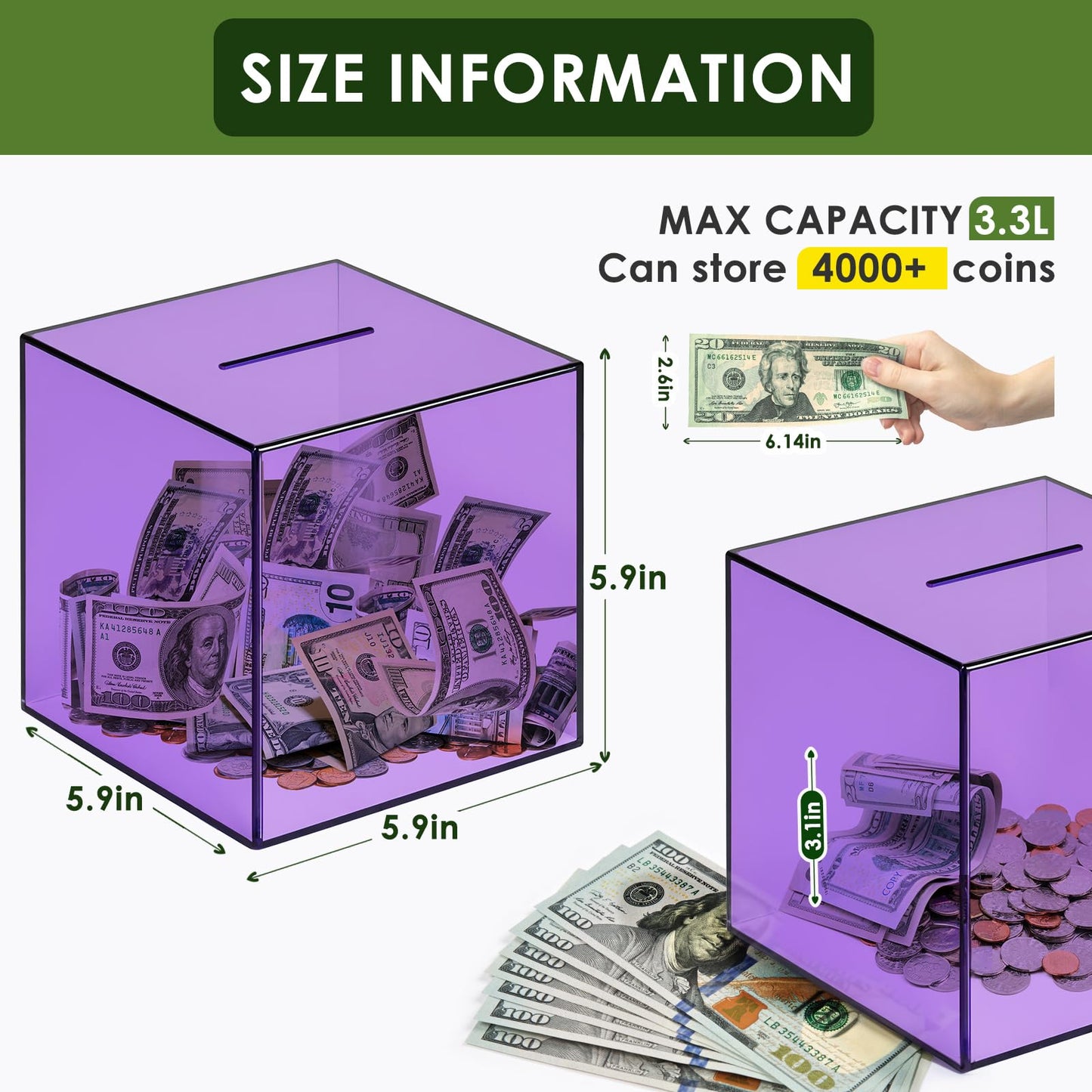 Piggy Bank for mature-themeds Must Break to Open  Vcertcpl Acrylic Clear Piggy Bank Money Saving Box for Cash Saving  Unopenable mature-themeds Bank for Real Money Bank Coin Bank Change Jar (Purple  15x15CM)