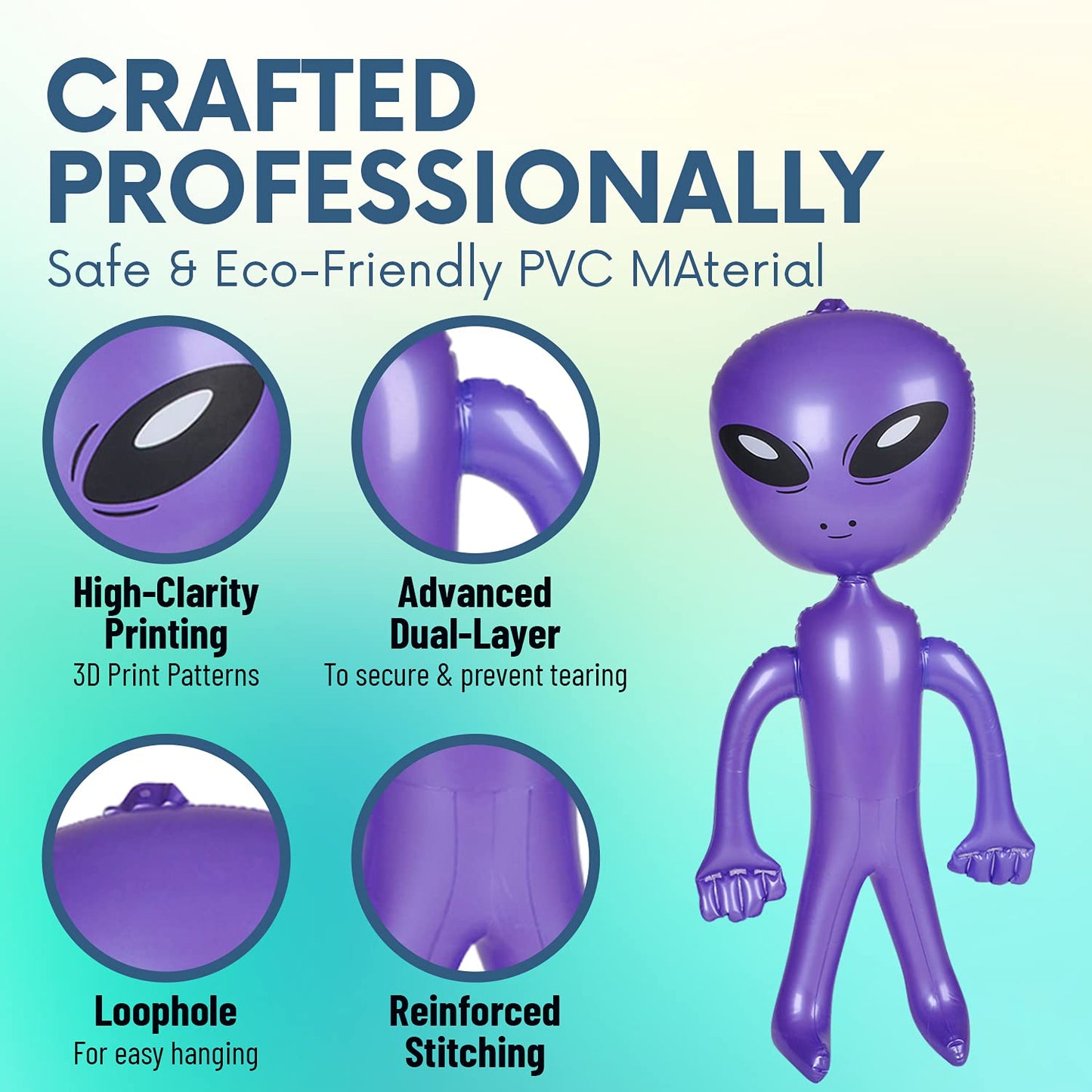 Vlish 3 Inflatable Alien - Pack of 3 Jumbo - Green, Purple and Blue Inflate Martian Aliens Toy for All Ages, Great for Halloween