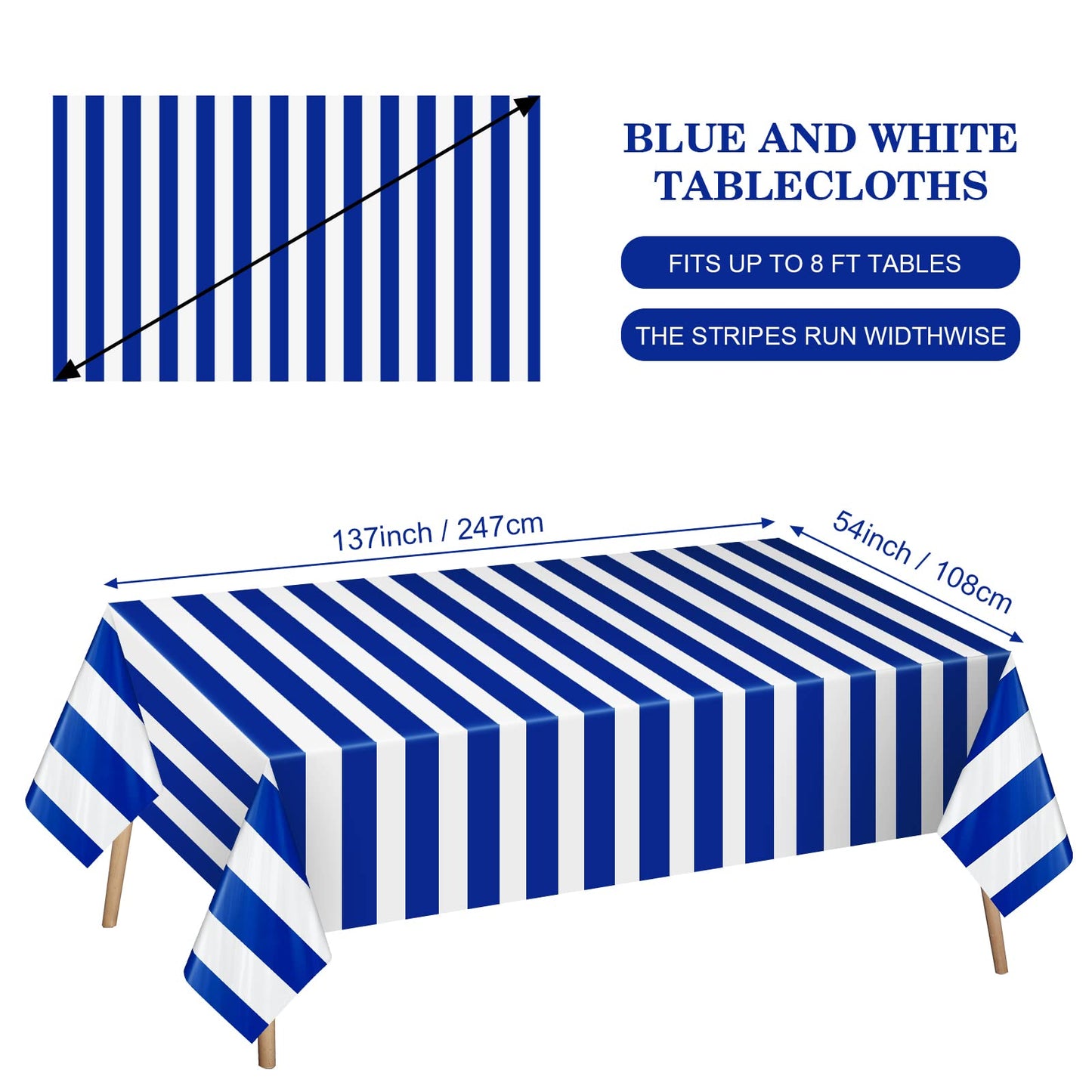 4 Pack Blue and White Striped Tablecloth, 54 x 108 Inch Waterproof Disposable Plastic Table Cover, Rectangular Table Cloths for