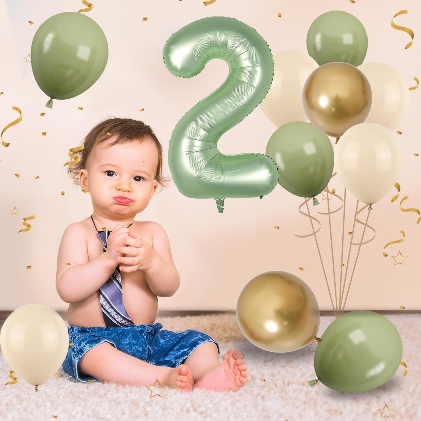 FunHot 40 Inch Sage Green Number 2 Balloon - Olive Green Foil for 2nd Birthday, Jungle Party Decorations, Rubber Material