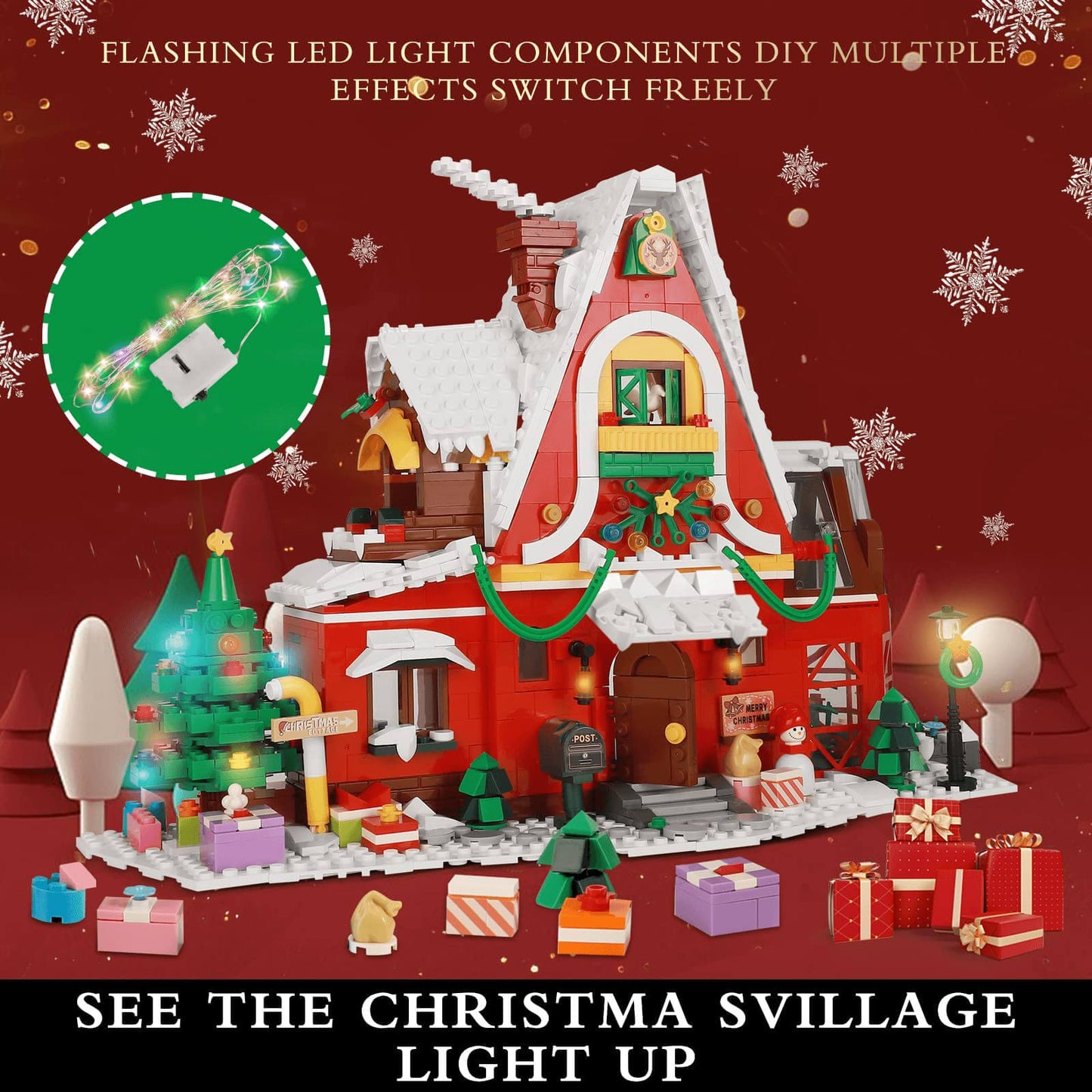 GEVINST Christmas House Building Blocks Set with LED Light, 1301 Pieces, Red Christmas Village House, Advent Calendar Toy for All Ages
