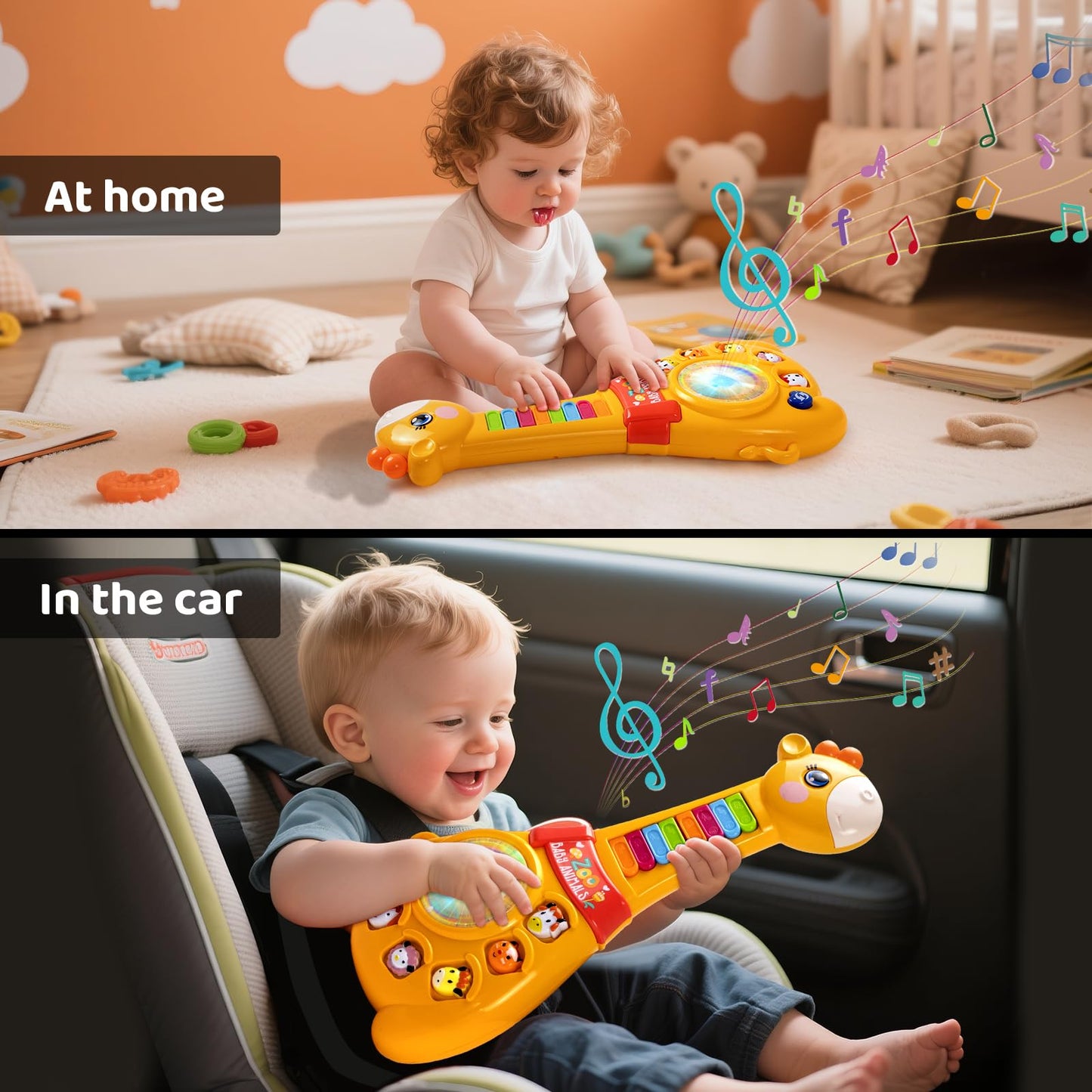 Marstone Musical Guitar Piano Toy for Toddlers 12-18 Months, Plastic, Small, Model ACC==8052B, Birthday Gift with Animal Sounds & Lights