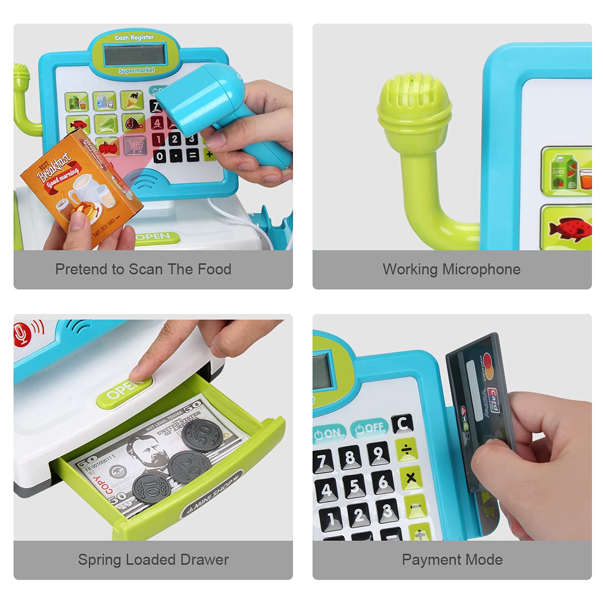 Fs Pretend Play Cash Register Toys With Scanner, Calculator, Large Drawer, Microphone, Play Food, Supermarket Cashier Register T