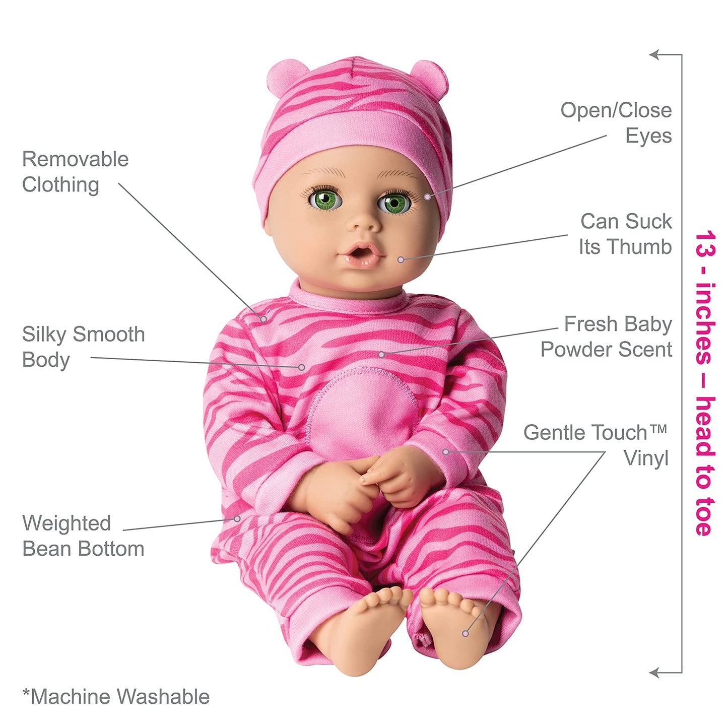 ADORA Play Time Babies Collection  13 Baby Doll with Doll Clothes and Accesories  Made with Sweet Baby Powder Scent  and GentleTouch Vinyl Body  Birthday Gift for Ages 1+ - Baby Tiger