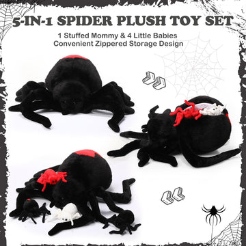 Hydren 5 Pcs Spider Plush Set 14 Inch Redback Spider Stuffed Animal With 4 Babies In Zippered Belly Plushie Gifts For Christmas