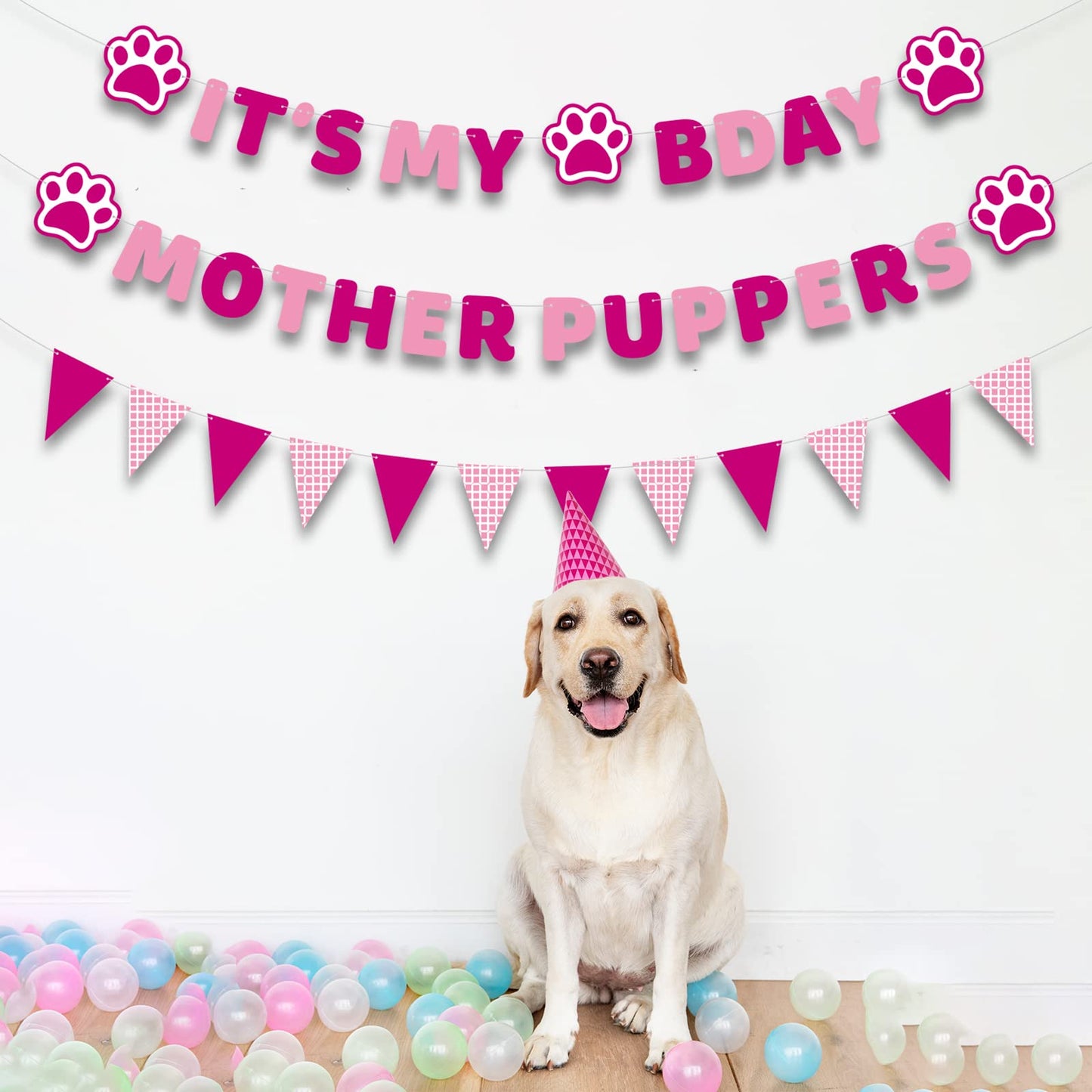 Vicycaty Puppy Dog Birthday Banner, Mother Puppers, It'S My Bday, Pink Pennants, 98.43X16.69 Inches Cardboard