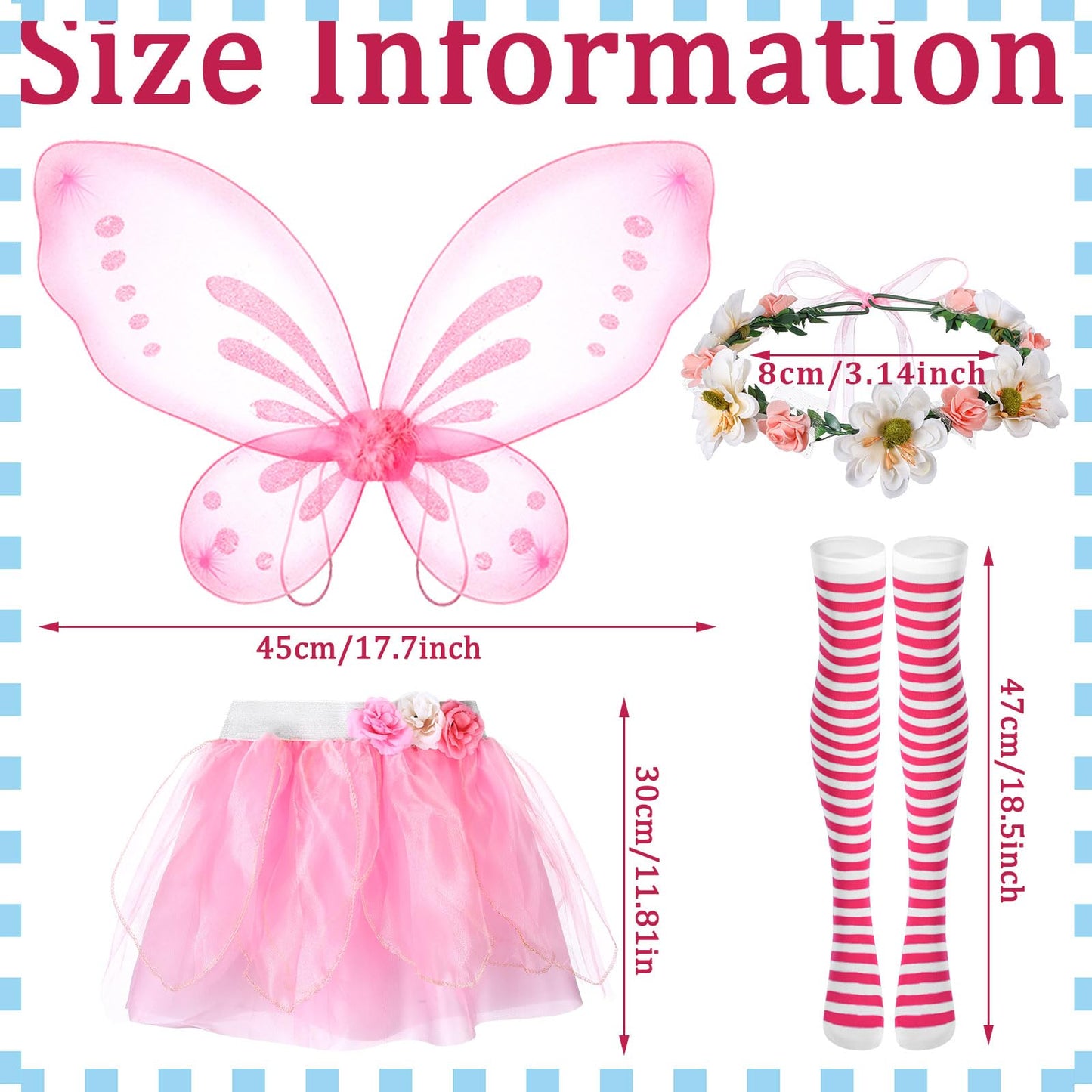 Newcotte 4 Pcs Halloween Girls Costume Includes Wings Tutu Headband Striped Tights For Kids Toddler Halloween(Pink Fairy)