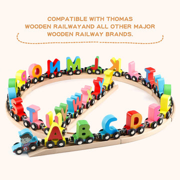 Wondertoys 27 Pcs Wooden Alphabet Train Toy Wooden Magnetic Alphabet Abc Train Set Includes 1 Engine Letter Cars For Toddlers Boys And Girls, Compatible With Major Brands Train Set Tracks