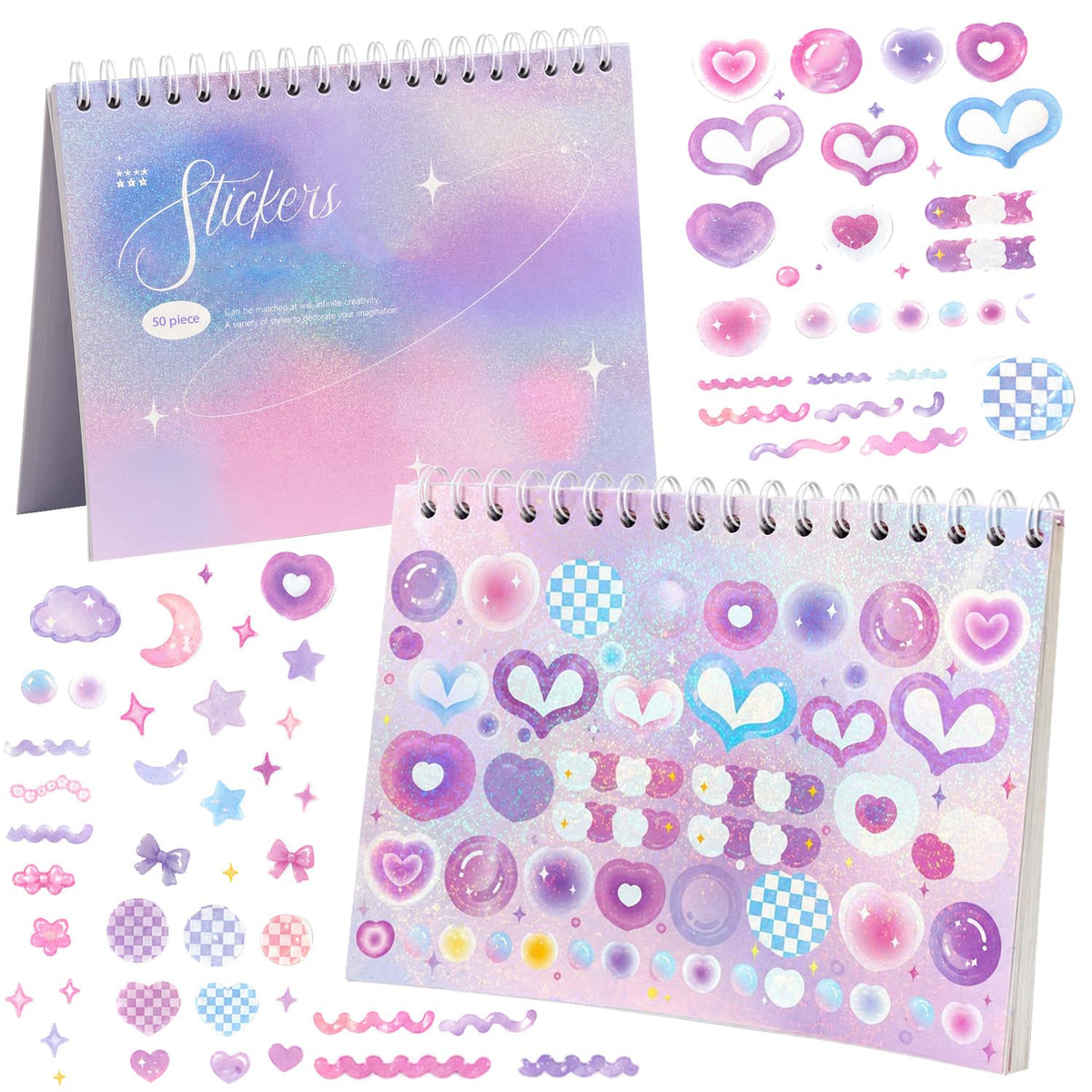 Funblast Kawaii Sticker Book  50 Sheets/2500 Stickers, Scrapbook Stickers Cute Butterfly Stars Heart Korean Bows Ribbons Self A