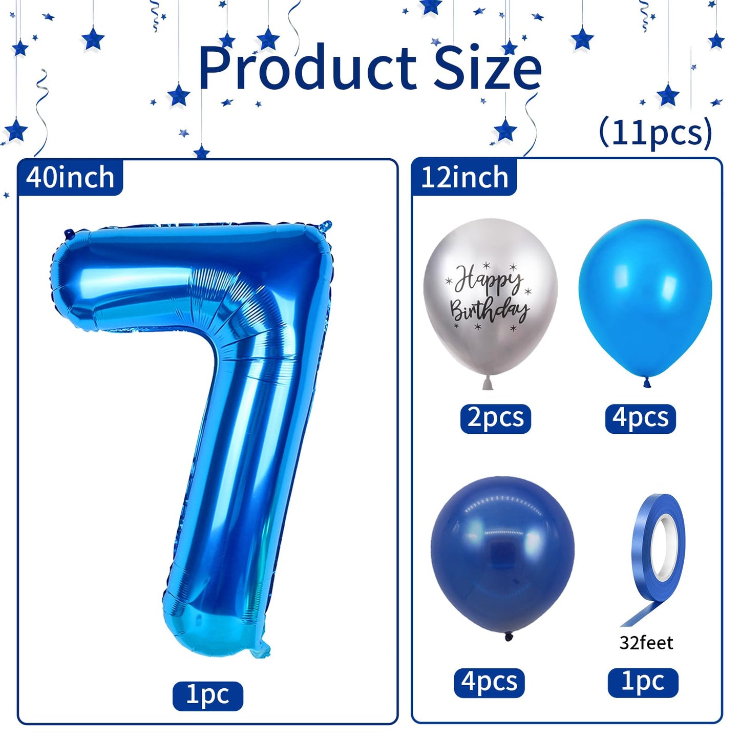 FunHot 40 Inch Blue Number 7 Balloon Set - 11Pcs Latex & Foil Balloons for 7th Birthday Party Decorations