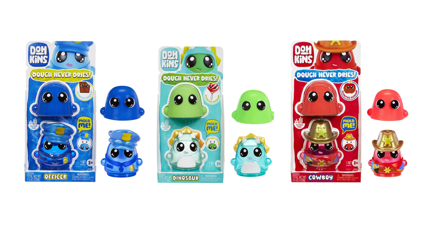 DohKins 3 Pack Characters, Dino, Cowboy, Police Officer - Dough Never Dries, Ages 2+