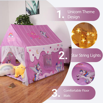 Naibrxh Princess Unicorn Castle Playhouse with Mat and LED Star Lights - Indoor & Outdoor Large Kids Play Tent for Imaginative G