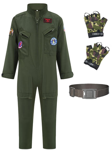 Gz-Laopaitou Kids Fighter Pilot Costume, Flight Dress Up With Gloves, Flight Suit Costume For Halloween Party Cosplay