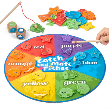 Smartwo Montessori Toy For Toddlers 1-3, Fine Motor Skill Wooden Magnetic Fishing Game For Year Old Kids, Early Learning Color A