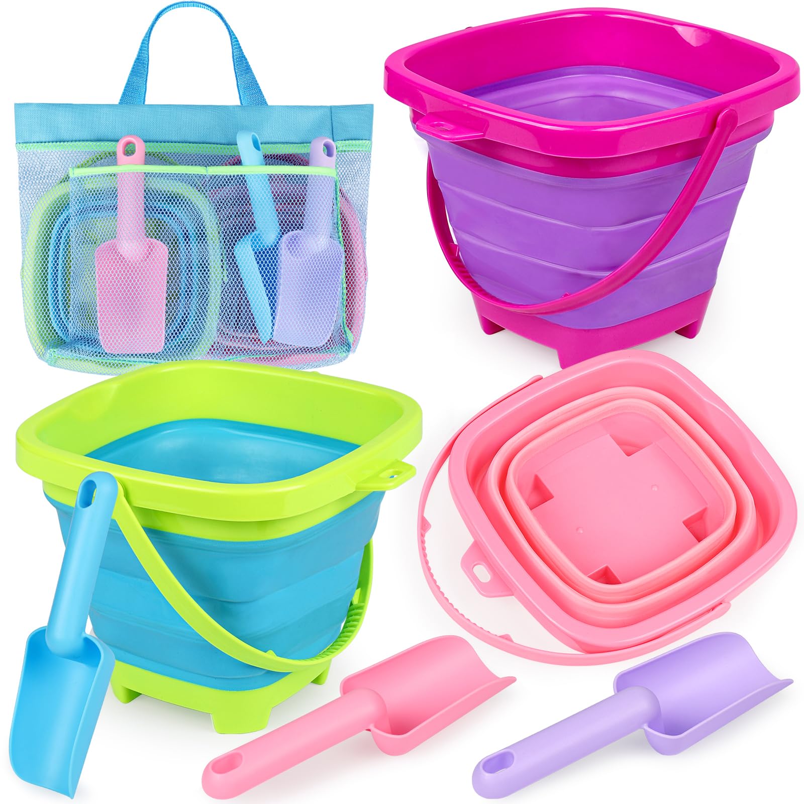 TSDATOWR Collapsible Beach Buckets for Kids, Foldable Sand Buckets and Shovels with Mesh Beach Bag, Silicone Beach Sand Pails fo