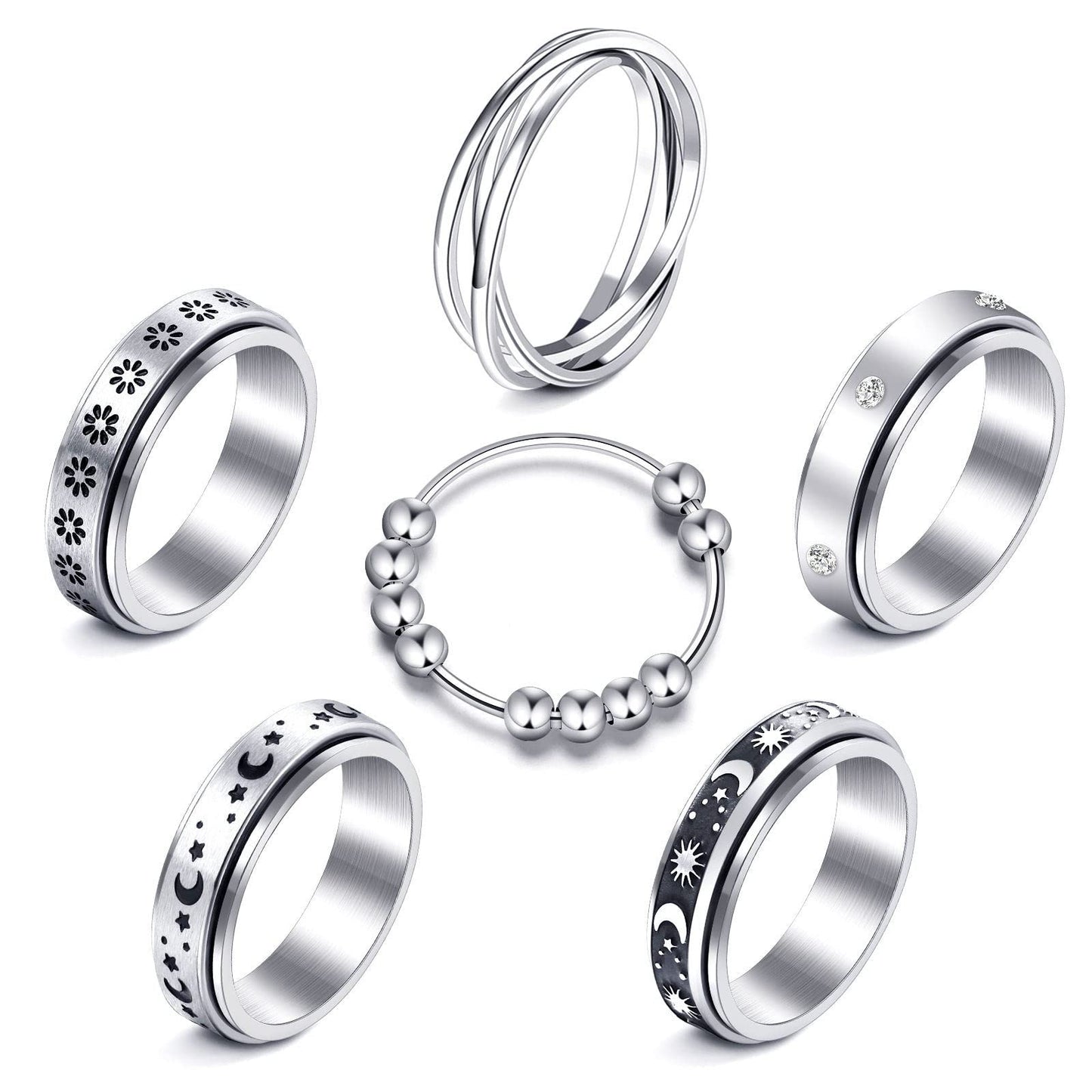 Mucal Anxiety Ring For Women Men 6Pcs Stainless Steel Anti Anxiety Rings With Beads Fidget Ring For Anxiety Spinner Rings For An