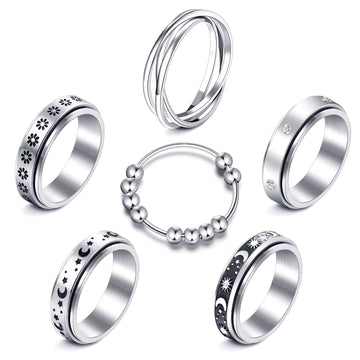 Mucal Anxiety Ring For Women Men 6Pcs Stainless Steel Anti Anxiety Rings With Beads Fidget Ring For Anxiety Spinner Rings For An