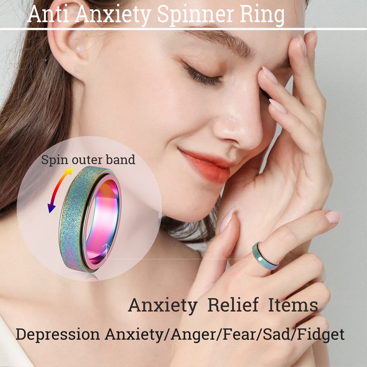 Mhwtty Anxiety Fidget Spinner Ring - Adults Rainbow Stainless Steel