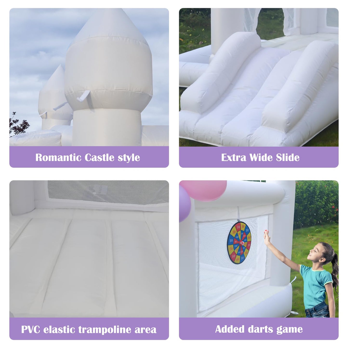 White Wedding Inflatable Bounce House with Blower Jump House with Slide for Kids Party Wedding Family Castle 9ftL
