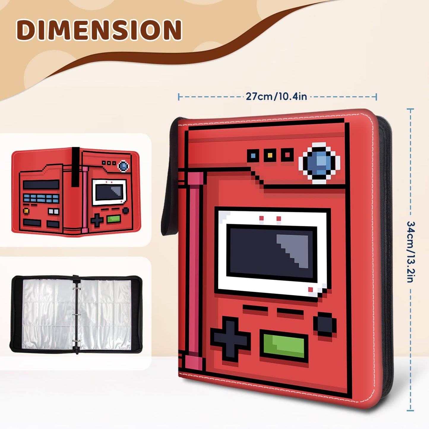 Wazzio 900 Pocket Game Card Binder  Trading Card Storage Album with 50 Durable 9-Pocket Pages  Game Design on Pocket Card Packs  Gifts for Gamer Lover Zipper Closure Collector's Album