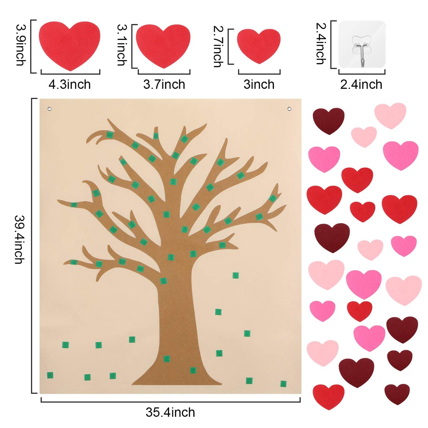 Boao 50 Pieces Detachable Heart Ornaments DIY Felt Valentine Tree Set with 4 Transparent Wall Hooks Valentines Day Hanging Deco