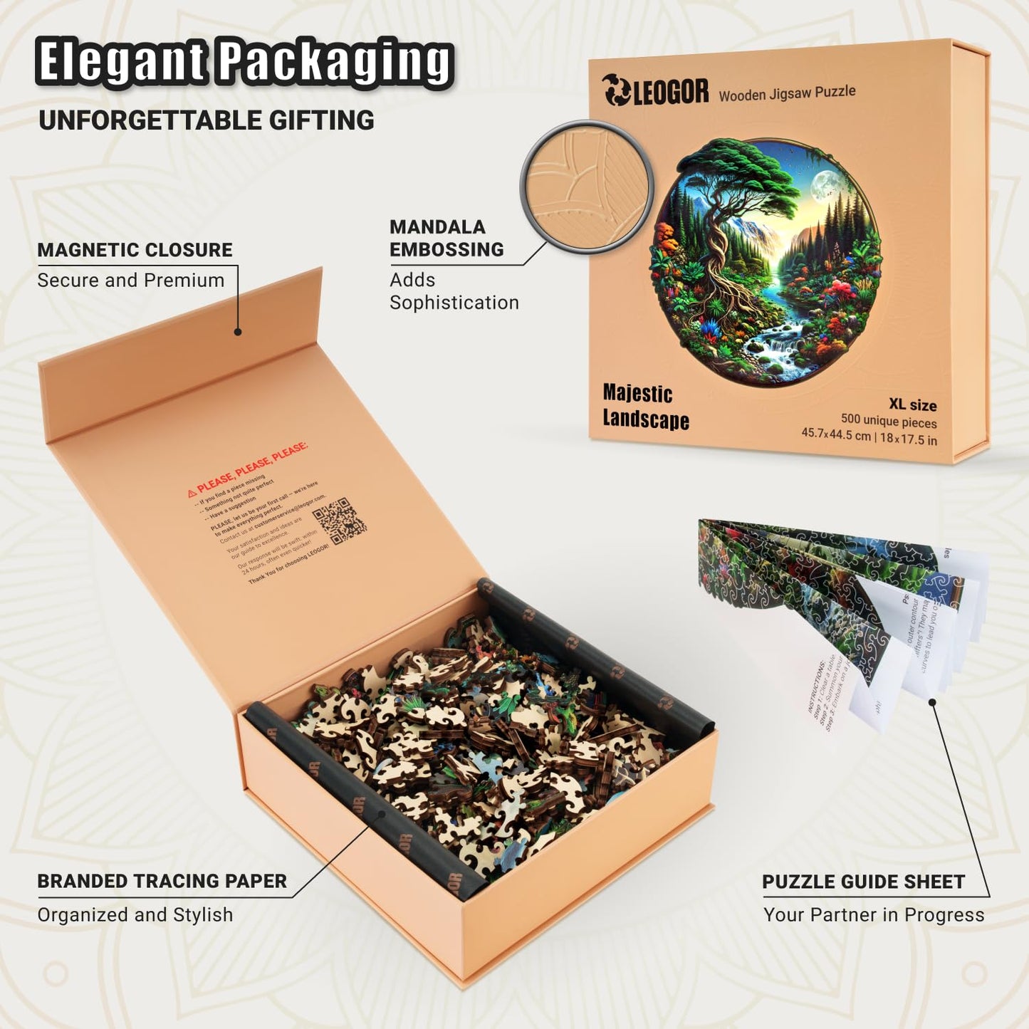 Majestic Landscape - 500 Piece Wooden Puzzles for mature-themeds - 18 x 17.5 in - Extra-Thick 5 mm Wood Puzzle  Hand-Shaped Pieces  Round XL Mosaic Design - enhanced Gift for Puzzle Lovers by LEOGOR