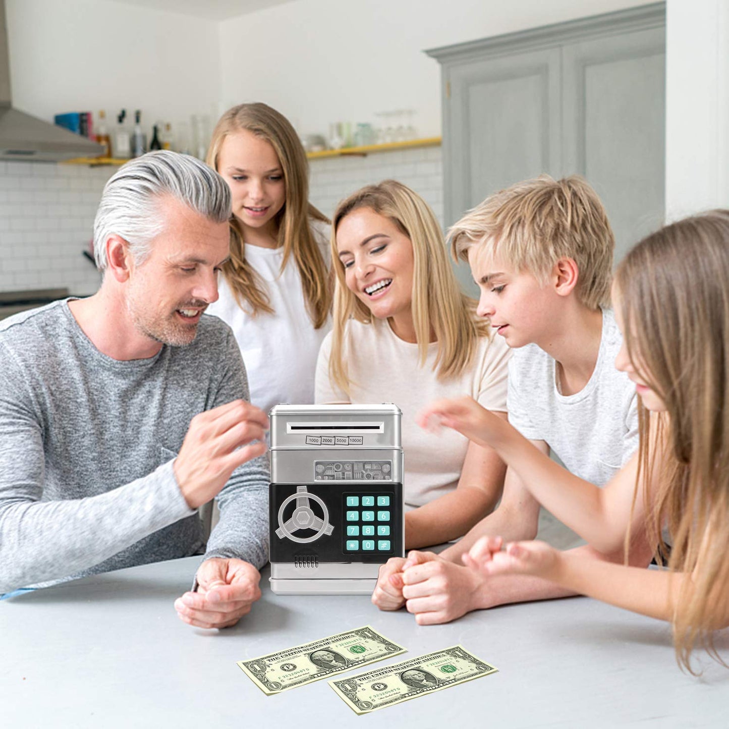 Adevena Electronic Piggy Bank, Mini Atm Password Money Bank Cash Coins Saving Box For Kids, Cartoon Safe Bank Box Perfect Toy Gifts For Boys Girls (Silvery)