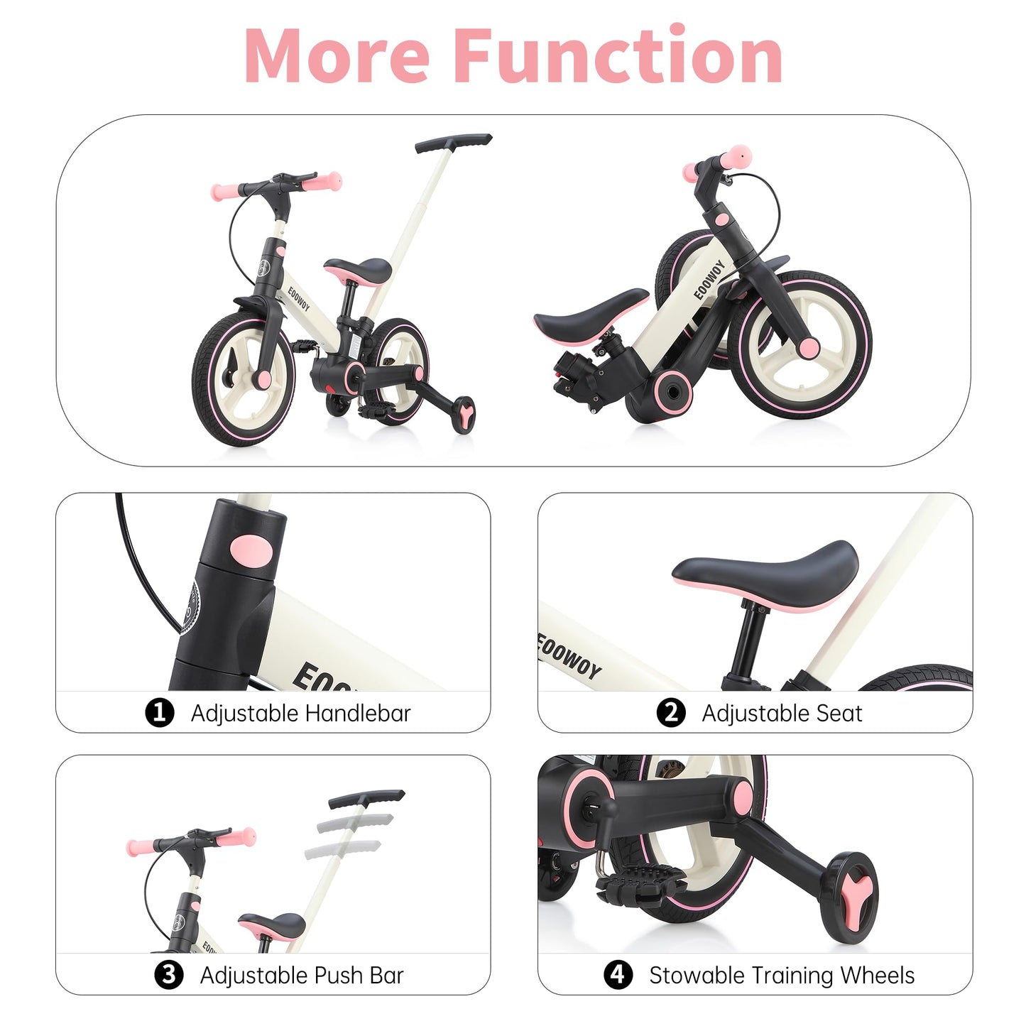 Eoowoy Balance Bike With Push Handle For Kids 18-60 Months, 6 In 1 Foldable Push Bike With Training Wheels & Pedals, Balance Bic