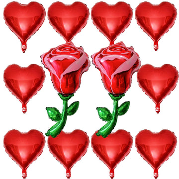 12 Pcs 18 Inch Red Heart Balloons Red Flower Rose Balloons Red Valentines Day Decorations For Valentines Day Bridal Shower Weddi