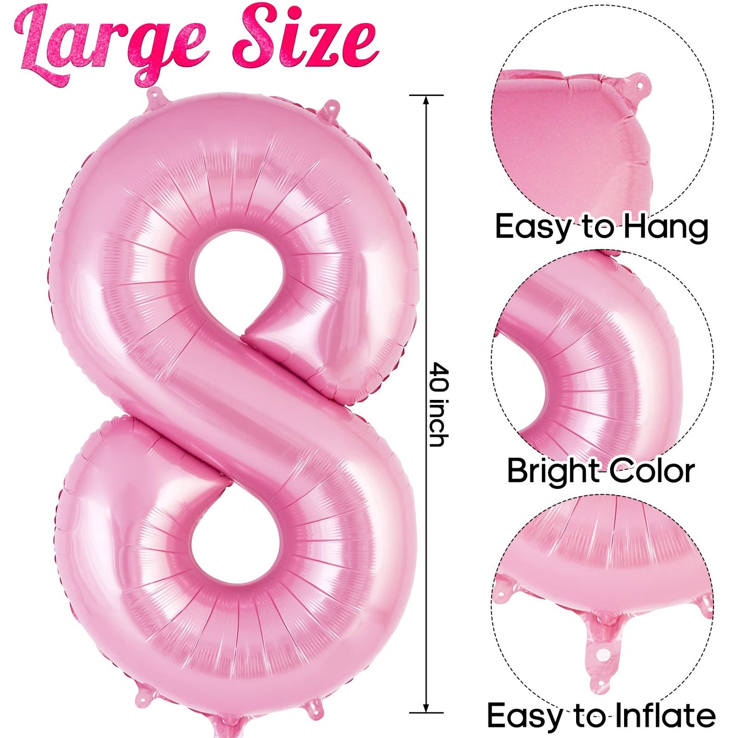 Pink Number 8 Balloon 40 Inch, Big Large Foil Helium Number Balloons, Jumbo Giant Mylar Number 8 Balloons For 8 Year Old Birthda