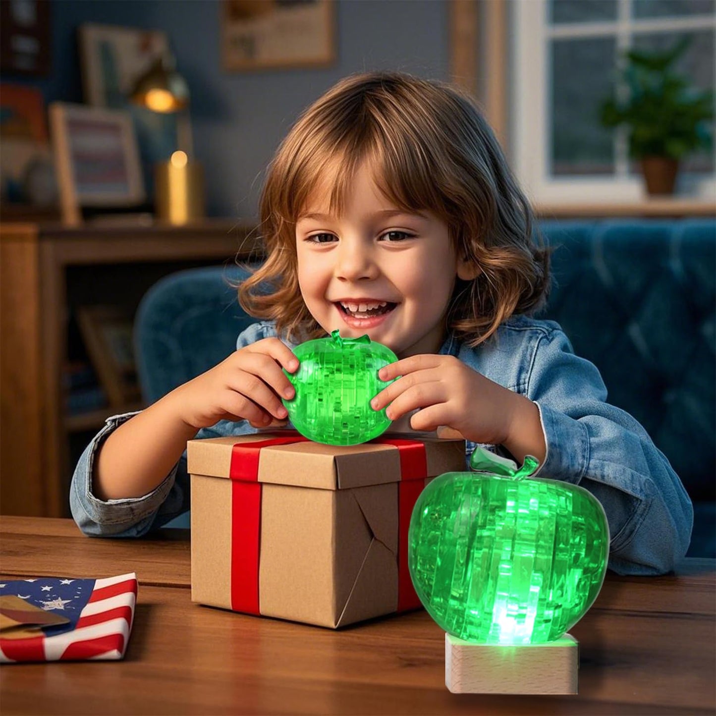 3D Crystal Puzzle, Night Light with Base, DIY Crafts for Teens, Birthday Gifts for Boys and Girls, Plastic Apple DIY Puzzle Bloc