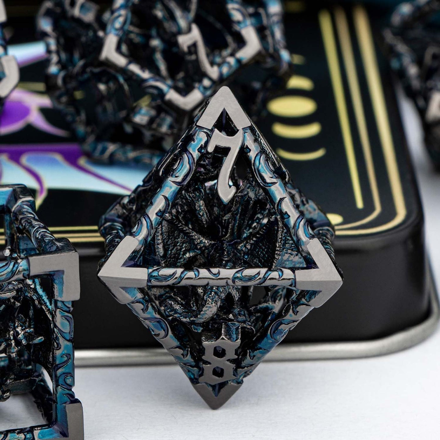 ARUOHHA Hollow DND Dice Set Black Blue Metal D and D Dice with Gift Box, Dungeons and Dragons Role Playing Games 7PCS Polyhedral
