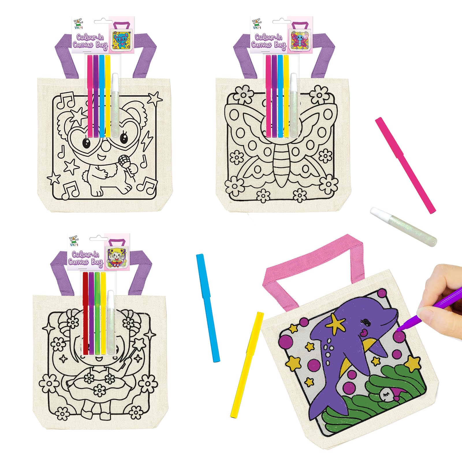Vkpi 6 Pieces Kids Coloring Goodie Bags, Reusable Canvas Bag, Cute Art Party Favors, Color Your Own Bags For Diy Painting Birthd