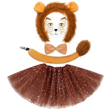 5 Pcs Lion Costume Set Lion Ears Headband Tail Bowtie Tutu Skirt And Lion Face Sticker For Girls Kids Halloween Cosplay Party
