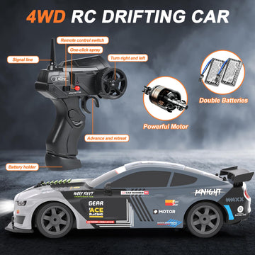 Dollox Remote Control Car 1/16 Scale RC Drift Car 2.4GHz 4WD High Speed 18+KM/H Vehicle with LED Lights and Spray, Extra Driftin
