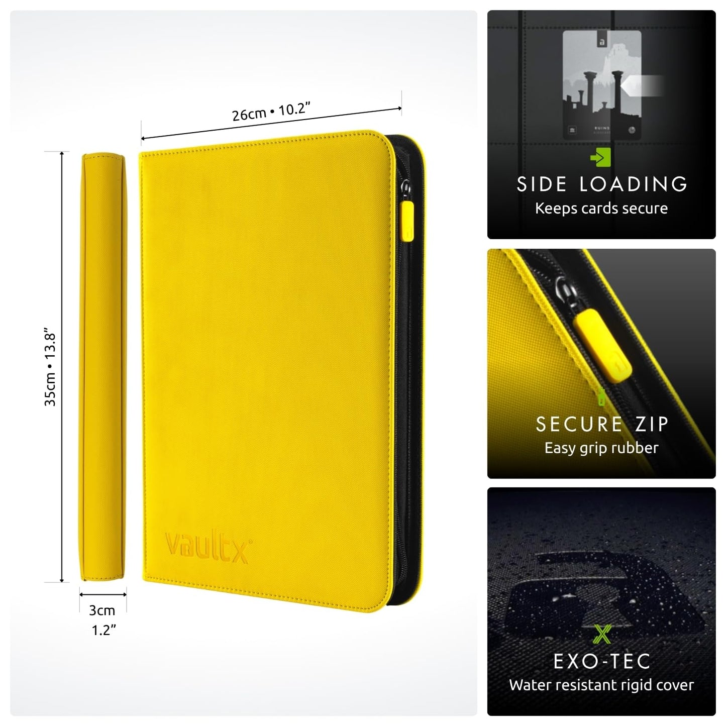 Vault X 9 Pocket Trading Card Zip Binder  360 Cards  enhanced Exo-Tec Album Material  20 Side-Loading Pages  Folder for Collectible Games  Sports  TCG (Yellow)