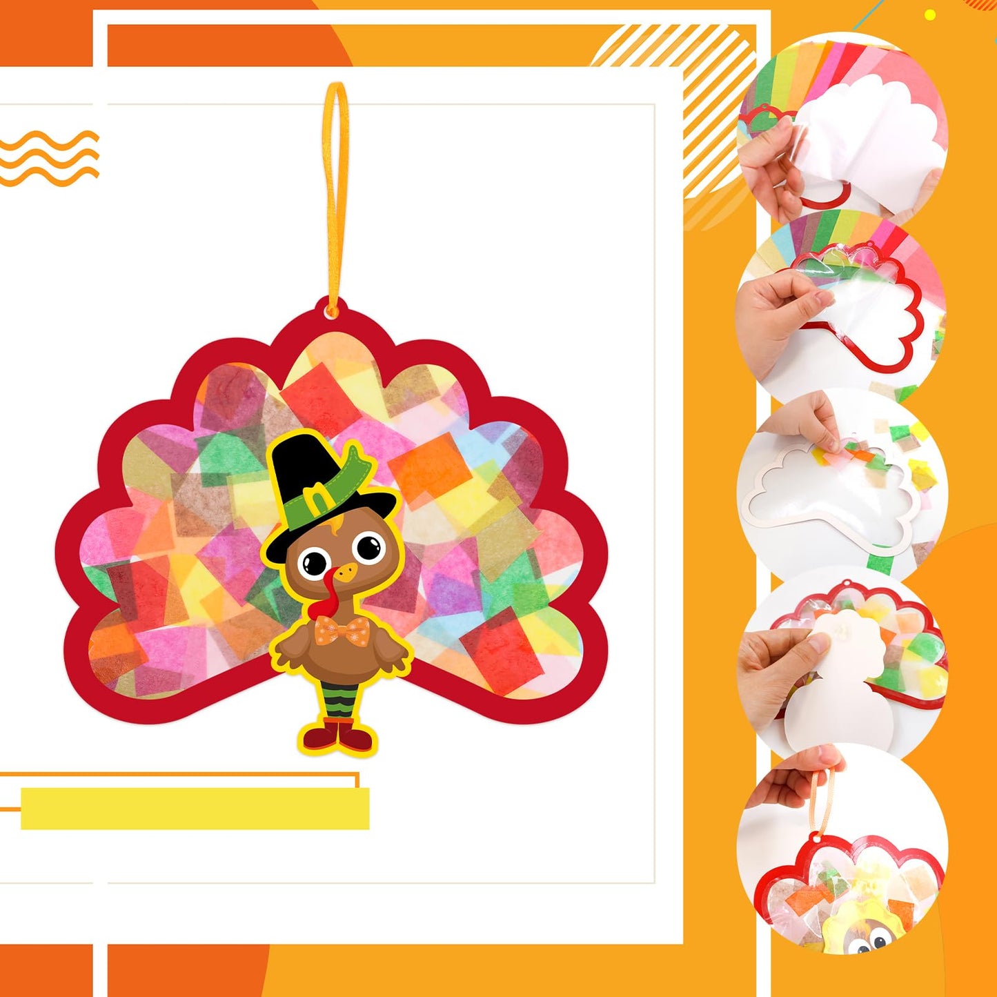 Ceiba Tree 24Pcs Thanksgiving Suncatcher Crafts for Kids Turkey Fall Craft with Turkey Cutouts and Tissue Paper Autumn DIY Windo