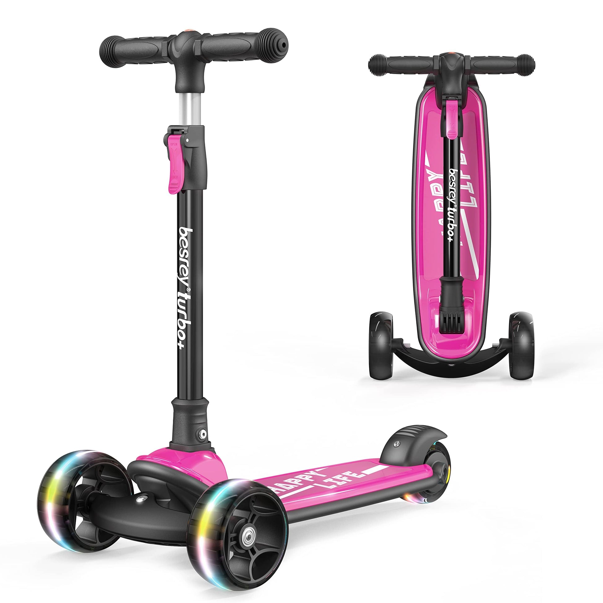 Besrey Kick Scooter For Kids Ages 3-8, 3 Wheel Scooter For Kids With Adjustable Height, Folding Kids Scooter With Led Light Whee