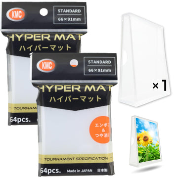 [2 Pack] Hyper Matte Sleeves Clear (66?91mm / 2.5 x 3.5  128 pcs) Card Sleeves + 1 Acrylic Trading Card Display Stand | Made in Japan | Gift Set | Perfect for Standard Size Trading Cards